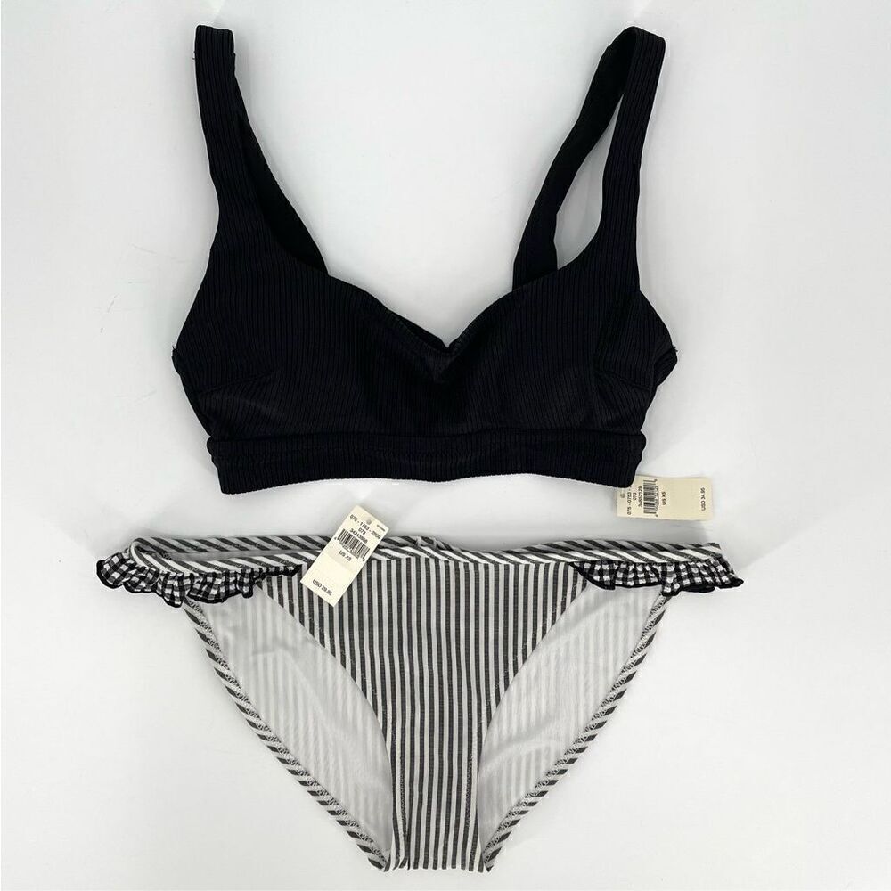 Aerie Ribbed Scoop Top Seersucker Ruffle‎ Bikini Bottom Swimsuit Set XS Black